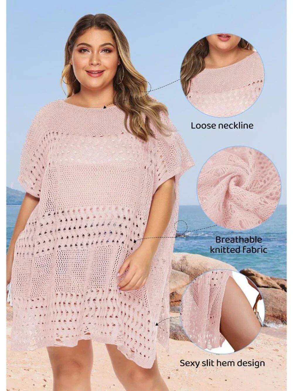 Women's I Hollow Pink Polyester One Size Crochet Summer Swimsuit Coverup Dress